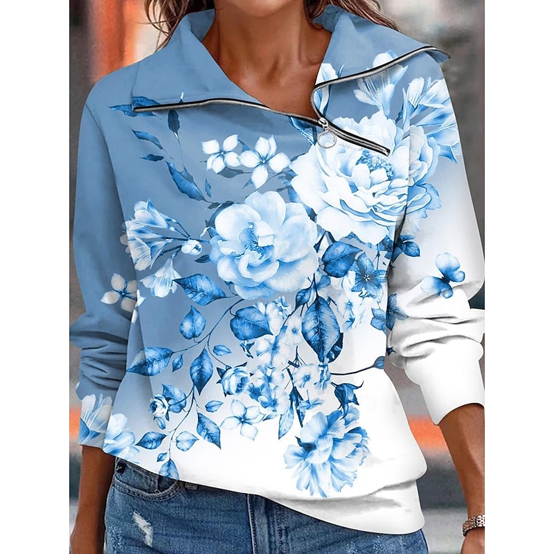 Women's Zip Up Sweatshirts Floral Graphic Casual Long Sleeve High Neck Regular Tops Red Blue Purple Green Spring Fall Winter