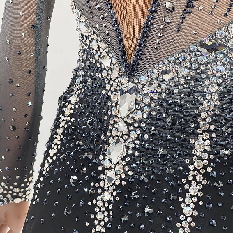 Figure Skating Dress Women's Girls' Ice Skating Dress Black Patchwork Open Back Mesh High Elasticity Training Competition Skating Wear Classic Crystal / Rhinestone Long Sleeve Ice Skating Figure4