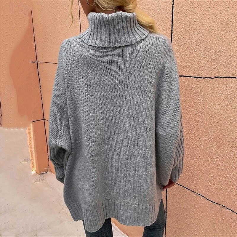 Women's Sweater Pullover Elegant Casual Soft Pure Color Ribbed Crew Neck Turtleneck Knitted Long Sleeve Regular Tops Knit Outdoor Daily Weekend Light Grey Fall Winter3