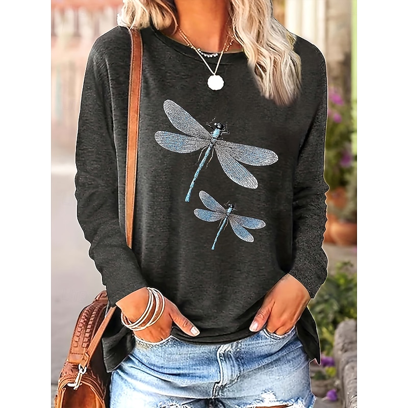 Women's T Shirt Graphic Animal Dragonfly Vintage Stylish Classic Long Sleeve Crew Neck Round Neck Regular Tops Daily Print Black Navy Blue Light Blue Spring Fall Winter4