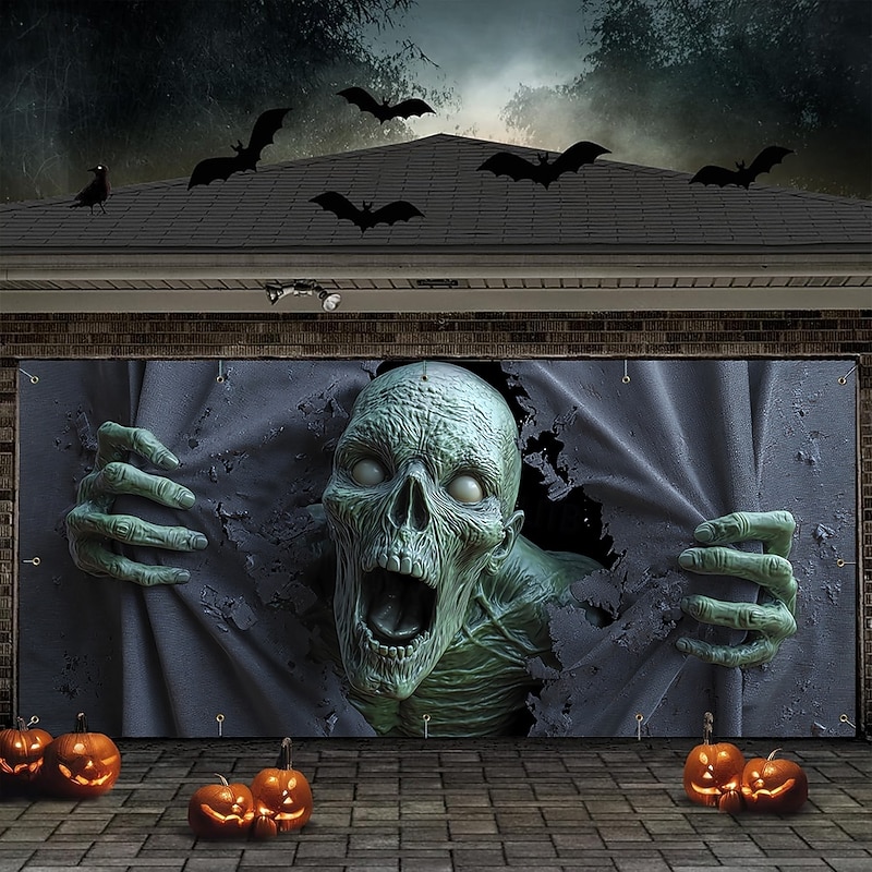 Halloween Tapestry Garage Door Cover Large Hanging Backdrop Skeleton Dark Punk Gothic Style Party Outdoor Guys Man Cave Frat Bedroom Shooting Backgrounds Yard Haunted House Home Decor