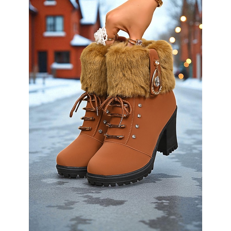 Women's Brown Faux Leather Ankle Boots with Fur Cuff and Chunky Block Heel – Warm Winter Lace-Up Booties with Rhinestone Detail for Ladies, Perfect for Outdoor, Casual & Holiday Wear2