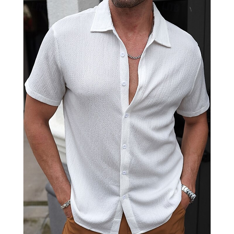 Men's Shirt Summer Shirt Casual Shirt Beach Shirt Button Up Shirt White Blue Short Sleeve Plain Lapel Vacation Hawaiian Clothing Apparel Polyester Fashion Casual Comfortable3