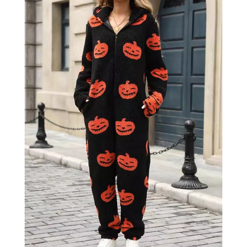 Women's Normal Jumpsuit Active Pumpkin Long Sleeve Hooded Zipper Print Vacation Halloween Regular Fit Black Fall