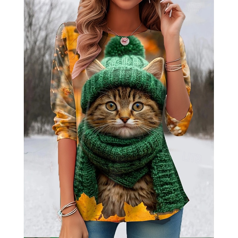 Easter Women's T Shirt Graphic Animal Cat Vintage Stylish Classic Long Sleeve Crew Neck Round Neck Regular Tops Daily Print Light Brown Orange Green Summer Spring Fall2