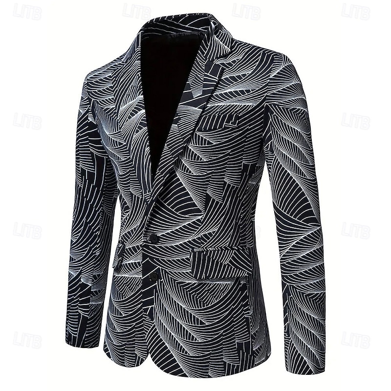 Men's Coat Blazer Business Casual Daily British All Seasons 100% Polyester Graphic 3D Print Buttons Comfortable Single Breasted Blazer Black White Blue4