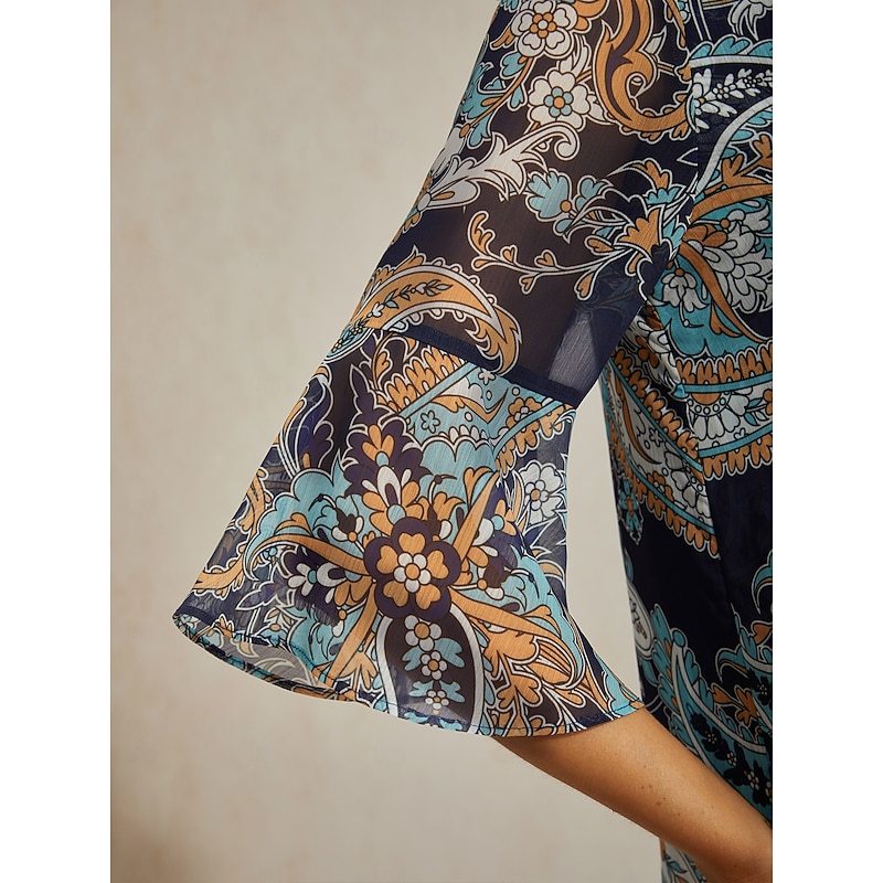 Women's Female Paisley Casual Blue Paisley 3/4 Sleeve Elegant Casual Daily Crew Neck Round Summer Spring Fall3