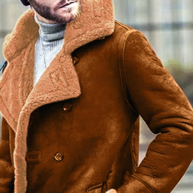 Men Faux Suede Jacket Overcoat Peacoat Faux Fur Long Trench Coat Outerwear Casual Fall Winter Outerwear Clothing Apparel Classic Trendy Plain Fleece Notch lapel collar2