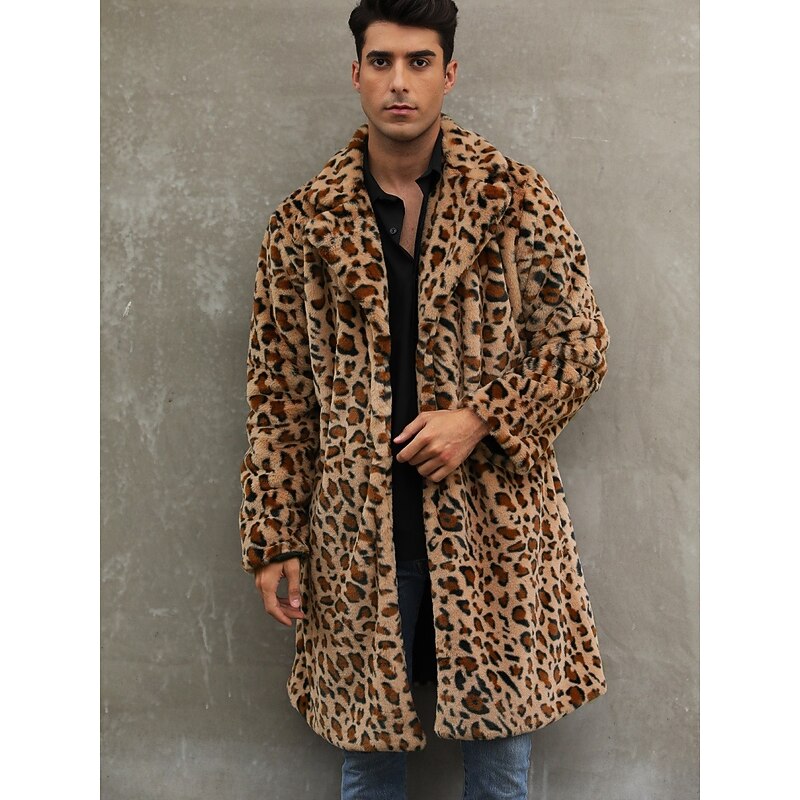 Men's Winter Coat Fur Coat Coat Vacation Casual Winter Polyester Soft Outdoor Outerwear Clothing Apparel Warm Ups Comfort Leopard Pocket Lapel3
