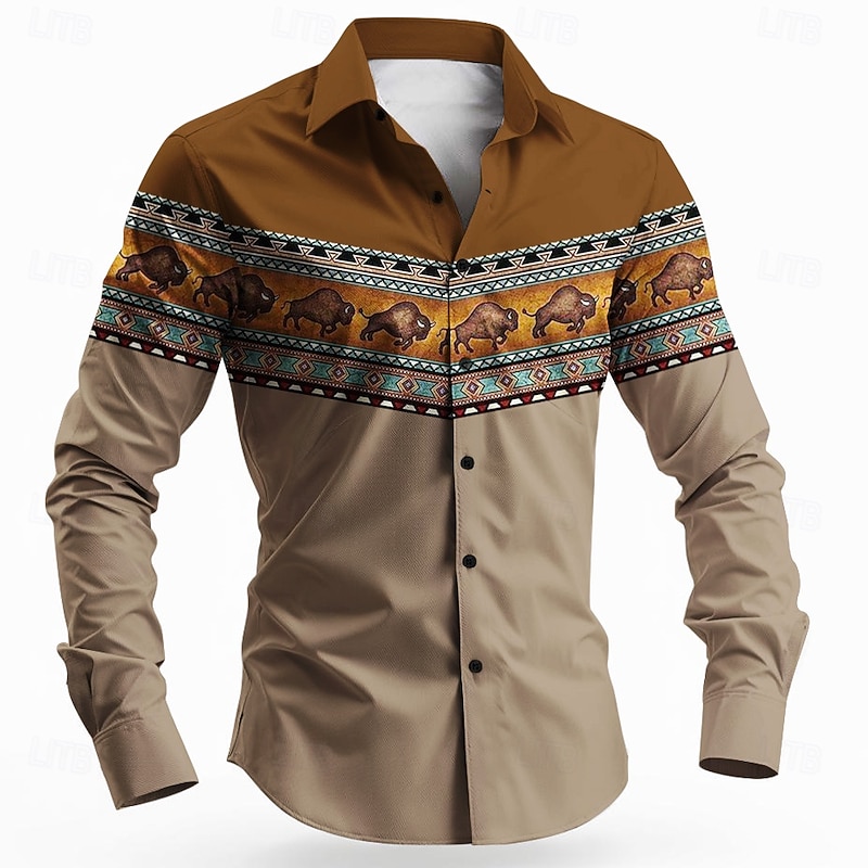 Men's Bull Ethnic Indian Culture Shirt Button Up Shirt Long Sleeve Vintage Retro Tribal Outdoor Camping & Hiking Hunting Spring Fall Turndown 3D Print Collared Shirts Blue Brown Khaki2