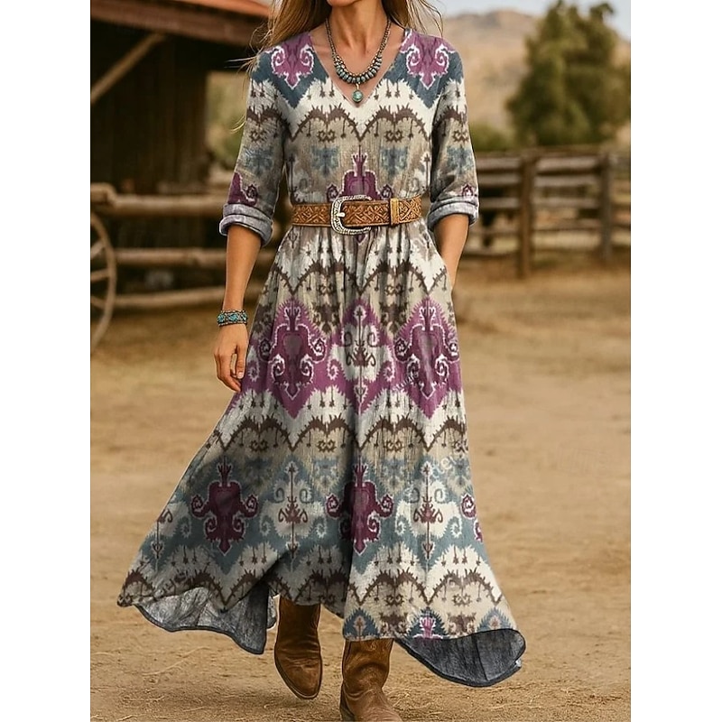 Women's Maxi Dress A Line Dress Vacation Casual Boho Going out Beach Regular Fit Floral Graphic Paisley Long Sleeve V Neck Blue Light Purple Brown Green Spring Fall Winter4