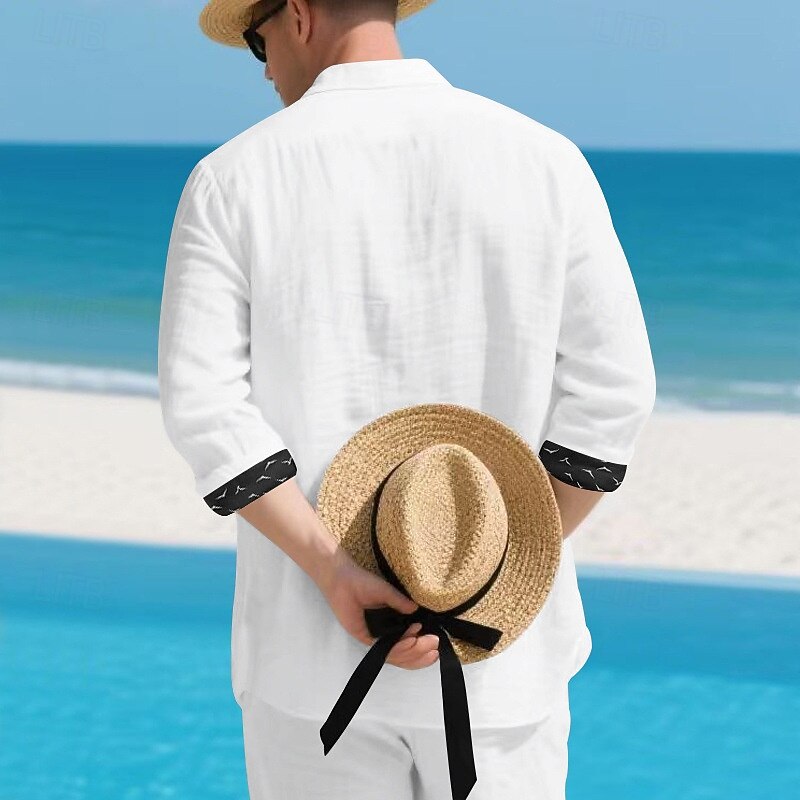 Men's Shirt Linen Shirt Casual Shirt Button Up Shirt Cotton Shirt Color Block Vacation Hawaiian Black White Navy Blue Khaki Long Sleeve Lapel Spring Fall Clothing Apparel Patchwork3