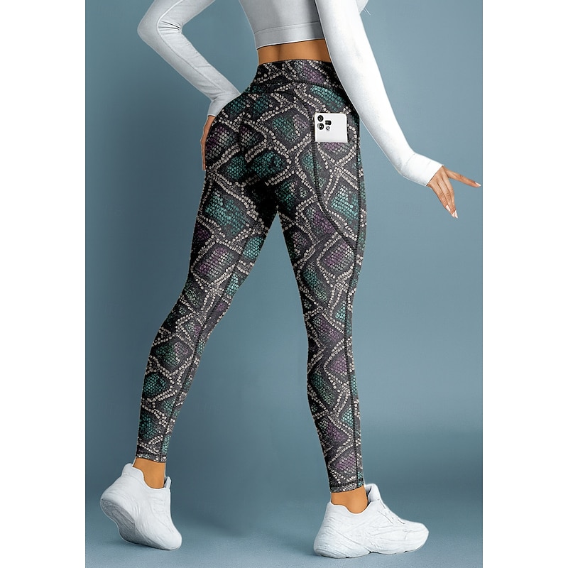 Women's pilates leggings fitness pants Gym Leggings Pockets Stamp Duty Side Pockets Pilates Gym Gym Workout Pants Tights Leggings Animal Patterned Snakeskin Dark Green Sports Activewear Stretchy
