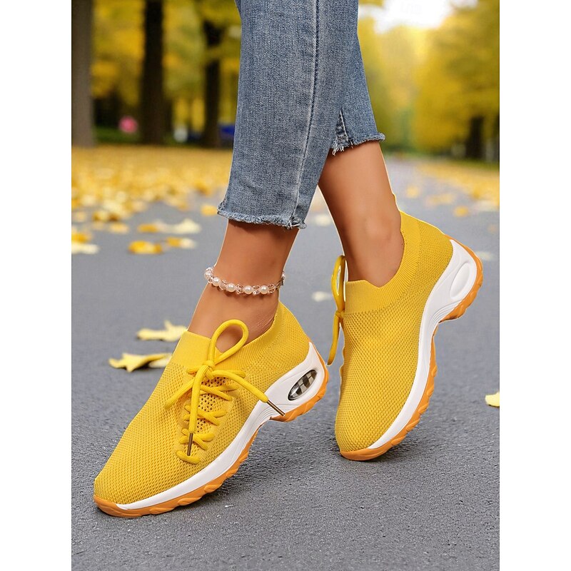 Women's Yellow Flyknit Sneakers – Lightweight Breathable Slip-On Running Shoes with Cushion Sole for Walking, Gym and Casual Wear4