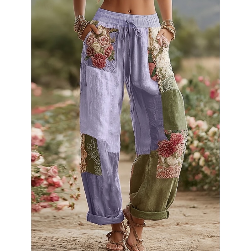 Women's Wide Leg Pants Trousers Fashion Streetwear Full Length Mid Waist Floral Pocket Elastic Waist Print Comfy Breathability Micro-elastic Outdoor Dailywear Daily White Pink Blue Purple Spring Fall4