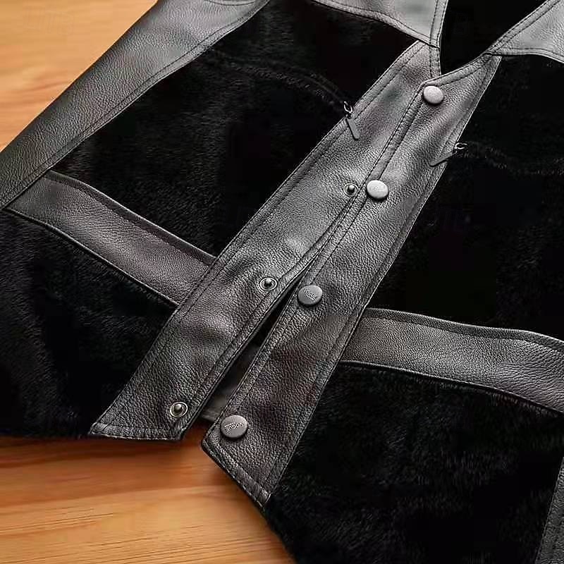 Men's Vest Gilet Outdoor Daily Fashion Casual Spring Fall Pocket Buttons Splice Faux Leather Comfortable Plain Single Breasted One-button V Neck Regular Fit Black Vest3