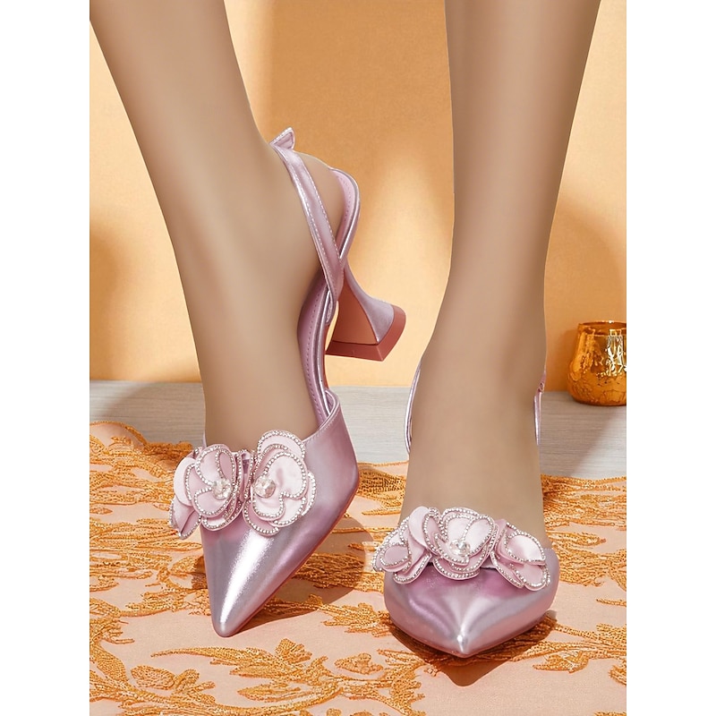 Women's Pink Satin Pointed Toe Heels with Floral Embellishment - Elegant Slingback Party Shoes for Nightlife and Cocktail Events