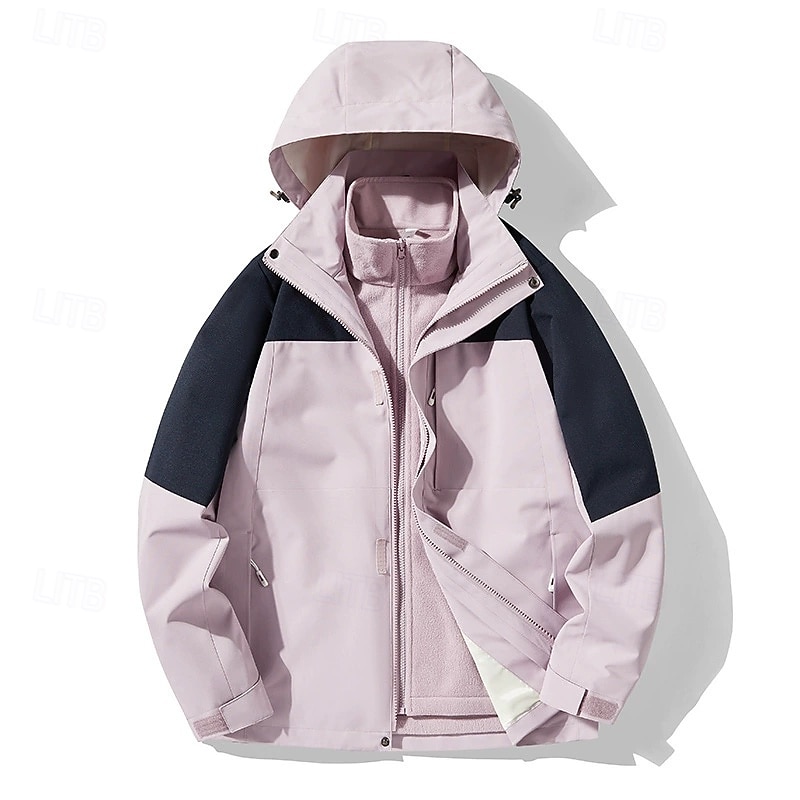 Women's 3-in-1 Waterproof Down Jacket Windproof Comfortable Zipper Pocket Casual Color Block Outdoor Vacation Street Daily Wear Zipper Short Hooded Regular Fit Long Sleeve Outerwear Black And White