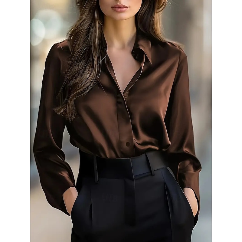 Women's Elegant Dressy Satin Blouse Plain Stylish Casual Long Sleeve V Neck Regular Tops Daily Buttons Black Wine Blue Brown Fall4