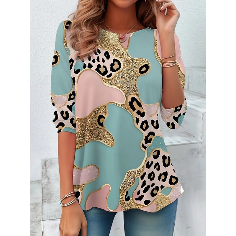 Women's T Shirt Graphic Geometric Striped Vintage Stylish Classic Long Sleeve Crew Neck Round Neck Regular Tops Daily Print Pink Blue Khaki Rose Pink Spring Fall Winter3