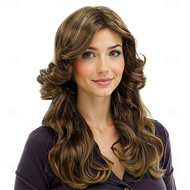 70s Brown Highlight Disco Wig Farrah Fawcett Wigs for Women Lady Natural Synthetic Full Wigs Vintage Cosplay Costume Hair Wig
