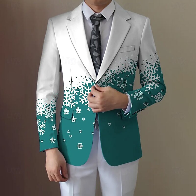 Men's Blazer Coat Christmas Outdoor Street Pocket Casual Daily Fall / Winter 100% Polyester Snowflake 3D Print Buttons Thermal Warm Comfortable Single Breasted Blazer Red Blue Purple Brown2