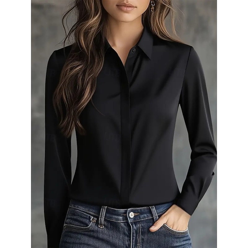 Women's Elegant Dressy Satin Blouse Plain Elegant Daily Stylish Long Sleeve V Neck Regular Tops Black White Gray Fall3