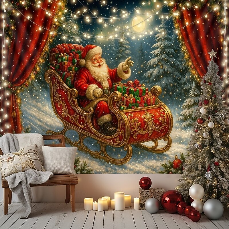 Chrismas Hanging Tapestry Santa Claus Sleigh Christmas Tree Sofa Large Wall Art Mural Decor Blanket Curtain Holiday Home Bedroom Living Room Festive Party Decoration2