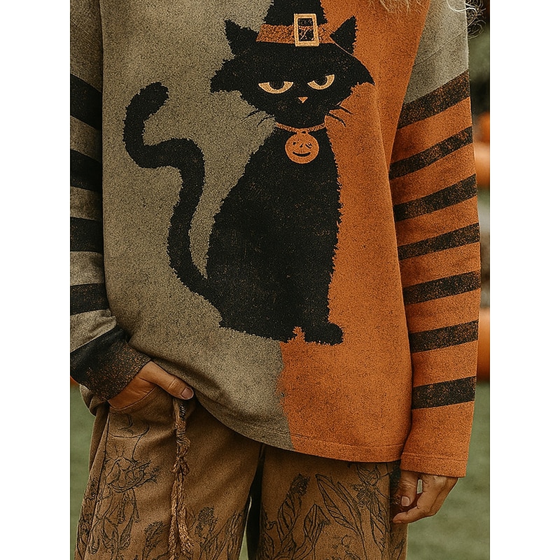 Women's Pullover Graphic Cat Pumpkin Vintage Fashion Classic Long Sleeve Crew Neck Regular Tops Casual Print Orange Fall Winter3