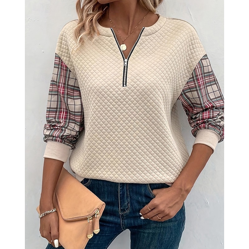 Women's Pullover Sweatshirt Plaid Casual Long Sleeve Crew Neck Regular Tops Holiday Going out Patchwork Half Zip Beige Fall Winter