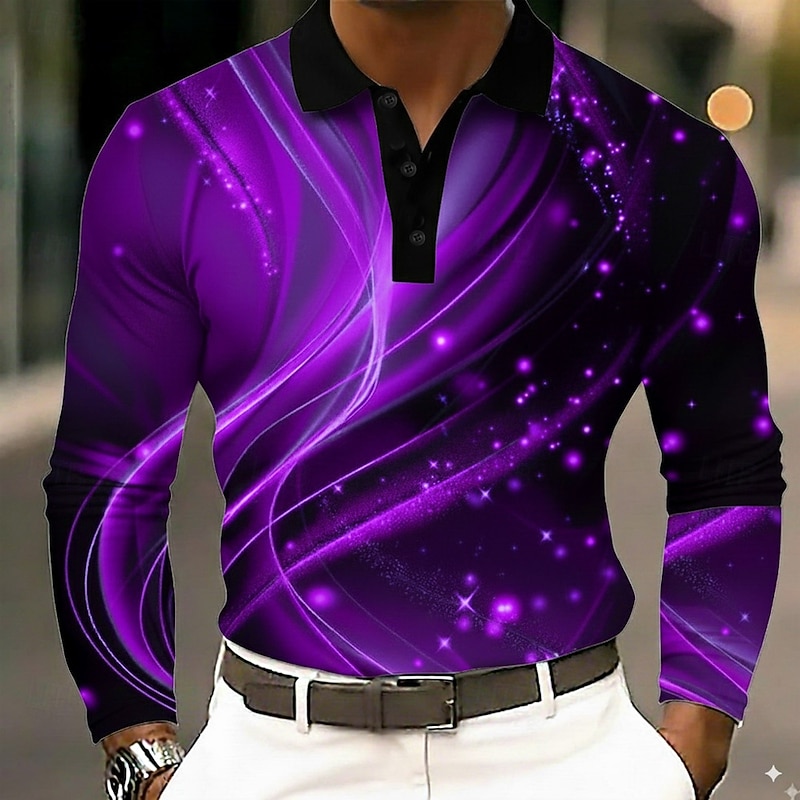 Men's Geometric Abstract Polo Long Sleeve Polo Shirts Lapel Business Casual Outdoor Street Athleisure Daily Wear 3D Print Buttons Spring Fall Winter Blue Purple Green3