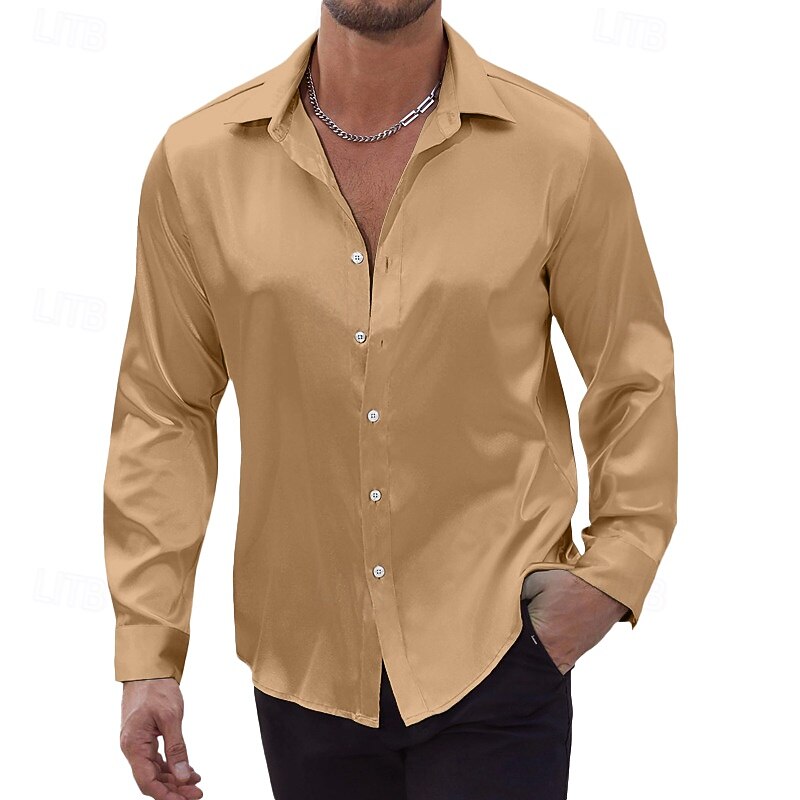 Men's Shirt Satin Shirt Casual Shirt Button Up Shirt Untucked Shirts Plain Formal Daily Black White Wine Royal Blue Long Sleeve Lapel Spring &  Fall All Seasons Clothing Apparel