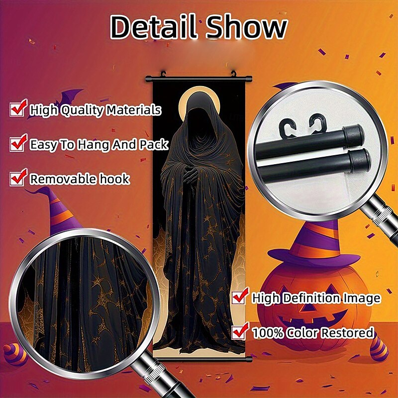5 Pcs Halloween Wall Tapestry Witch Silhouette Hooded Figure Black Skeleton White Skeleton Black Cat Pattern Party Decoration Interior Decor Accessories2