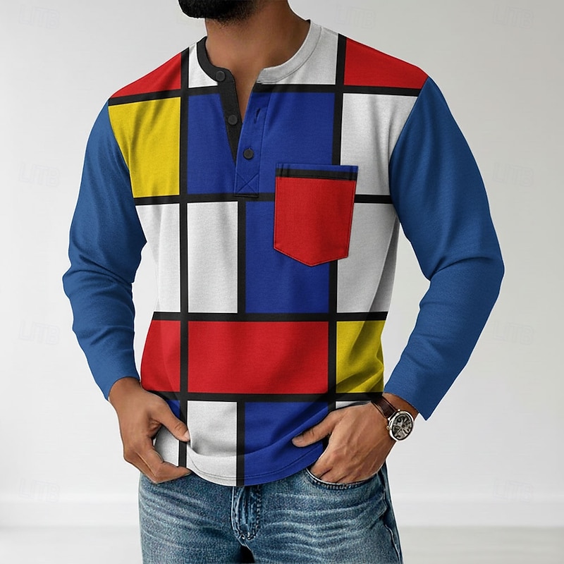 Men's Geometric Henley Shirt T shirt Tee Long Sleeve Retro Vintage Casual Casual Spring Fall Black White Blue Red Henley Henley T-Shirt