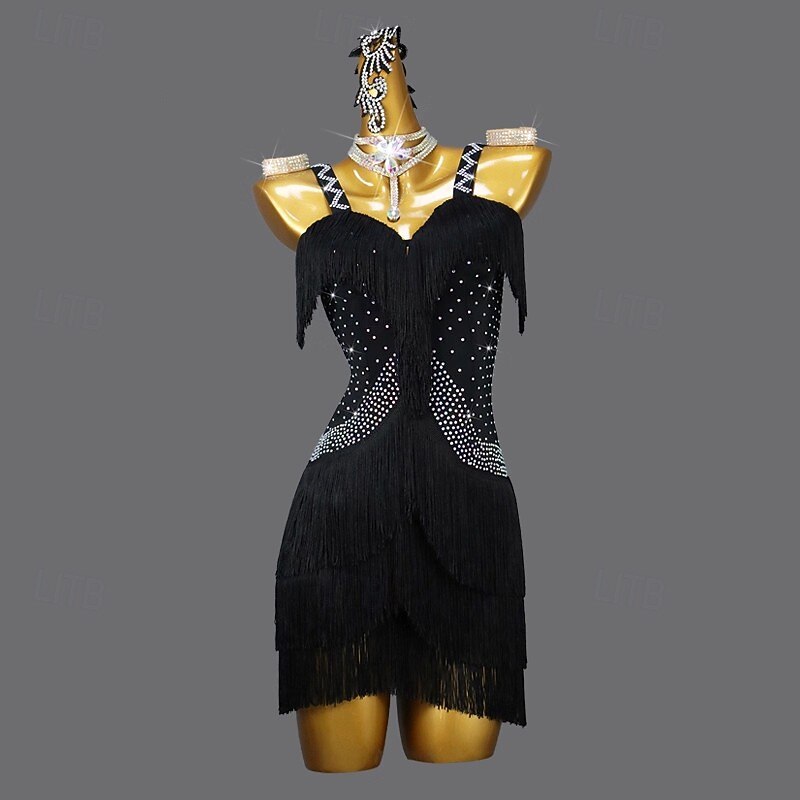 Latin Dance Dress Rhinestone Tassel Women's Performance Training Sleeveless Salsa Rumba Dancewear Costumes