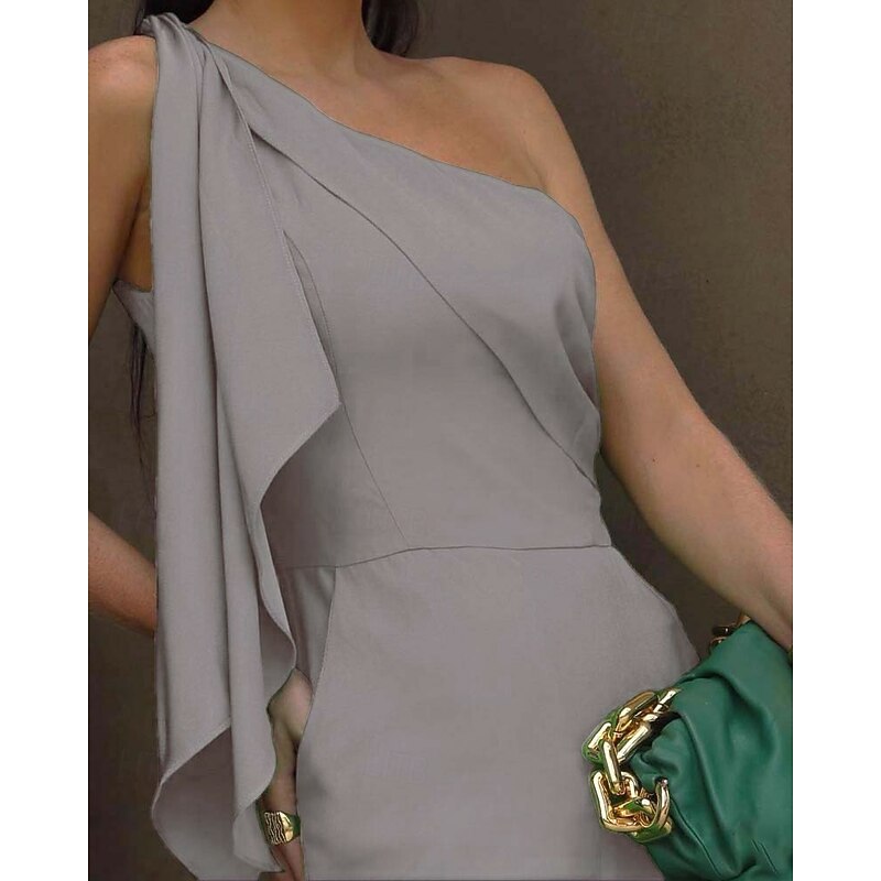 Jumpsuit / Pantsuit Mother of the Bride  Wedding Guest Elegant Simple Minimalist One Shoulder Floor Length Polyester Sleeveless with Bow(s) Ruffles Solid Color3