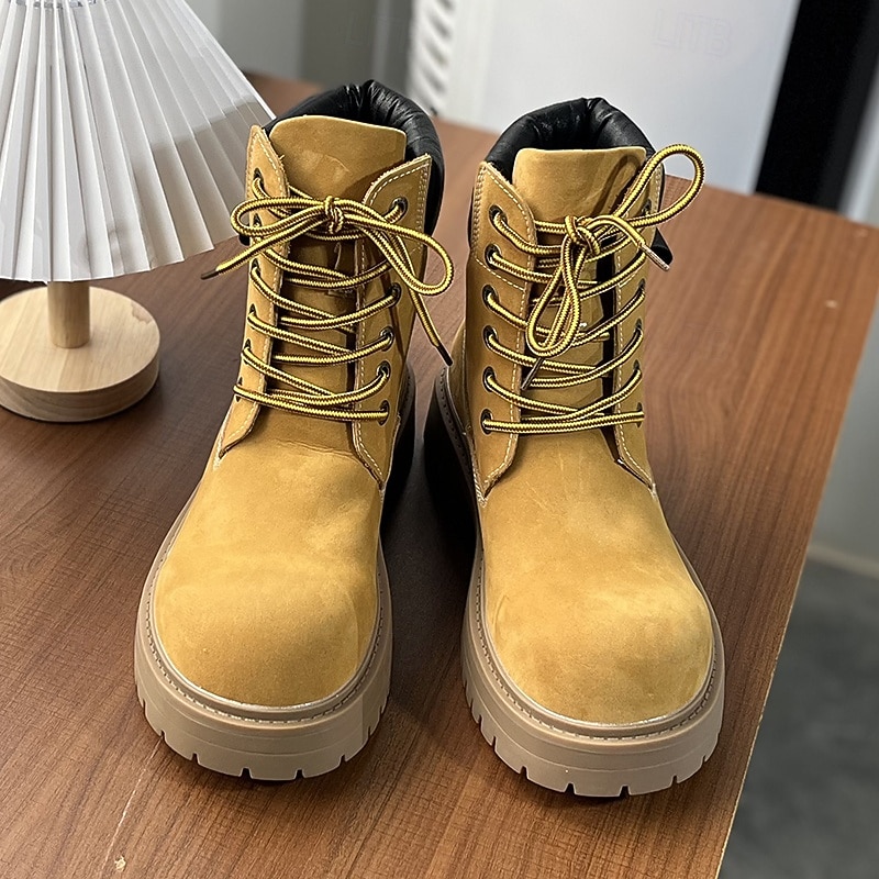 Men's Yellow Nubuck Faux Leather Lace-Up Boots with Padded Collar and Thick Sole, Casual Outdoor Workwear Shoes for Hiking, Camping and Everyday Use3