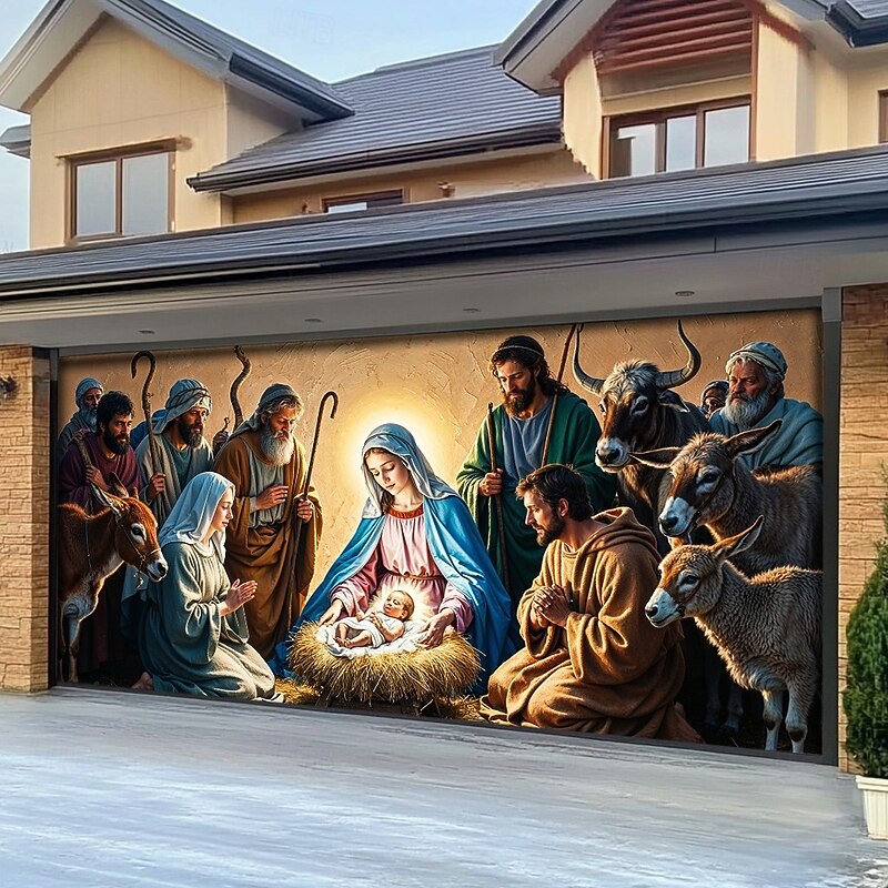 Christmas Outdoor Garage Door Cover Nativity Scene Jesus Birth Large Tapestry Backdrop Holiday Party Wall Decoration For Outdoor Garage Door Home Christmas Festival Religious Celebration Decor2