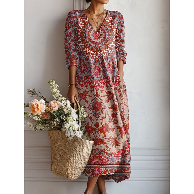 Women's Midi Dress A Line Dress Vacation Casual Daily Regular Fit Floral Graphic Long Sleeve V Neck Pink Navy Blue Blue Green Spring Fall2