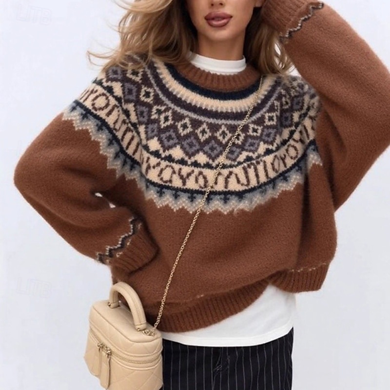 Women's Sweater Fair Isle Sweater Pullover Fashion Casual Geometric Ribbed Crew Neck Knitted Print Long Sleeve Regular Tops Knit Christmas Outdoor Daily Coffee Fall Winter