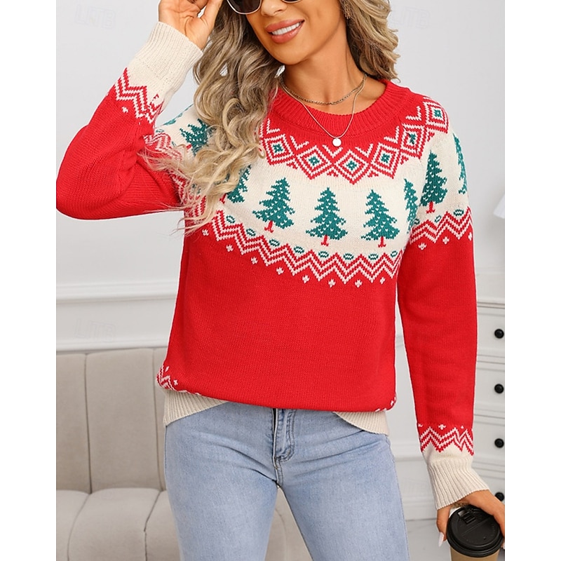 Women's Christmas Sweater Fair Isle Sweater Pullover Fashion Casual Christmas Tree Ribbed Crew Neck Knitted Print Long Sleeve Regular Tops Knit Christmas Outdoor Daily Red Fall Winter3