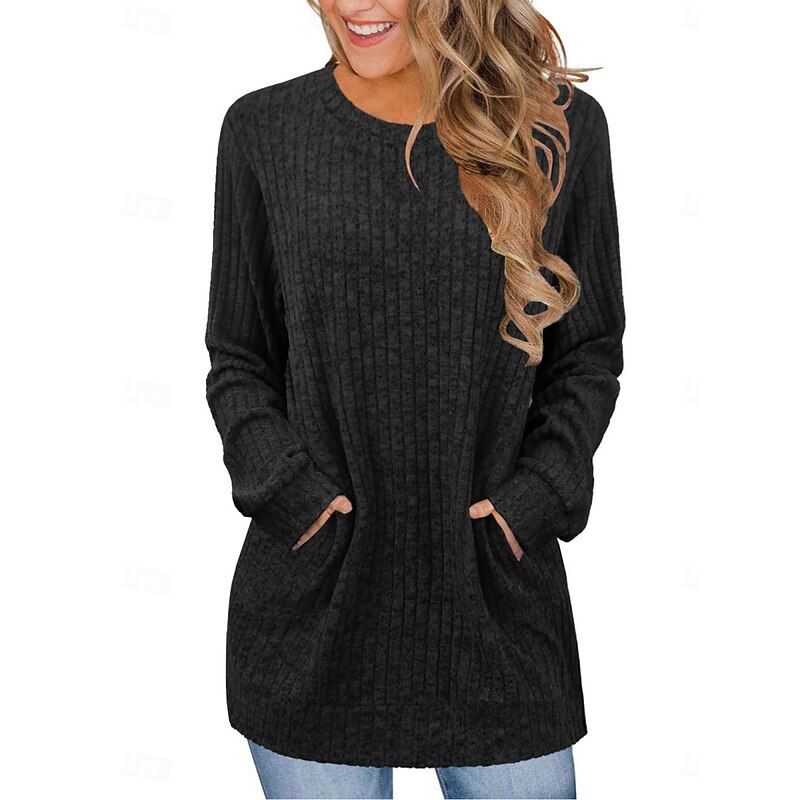 Women's Blouse Solid Color Stylish Casual Long Sleeve Crew Neck Long Tops Daily Pocket Black Blue Purple Brown Green Spring Fall Winter