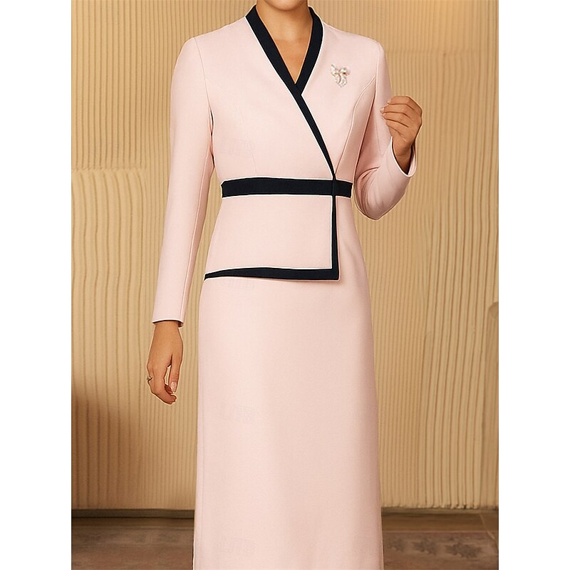 Sheath / Column Mother of the Bride Dress Elegant Vintage V Neck Tea Length Satin Long Sleeve with Color Block3