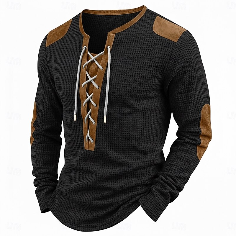 Men's Waffle T-shirt T Shirt Waffle Henley Shirt Long Sleeve V Neck Lace Up Neck All Seasons Solid Color Textured Traditional / Vintage Casual Color Block Outdoor Home Sports & Outdoor Black Navy4