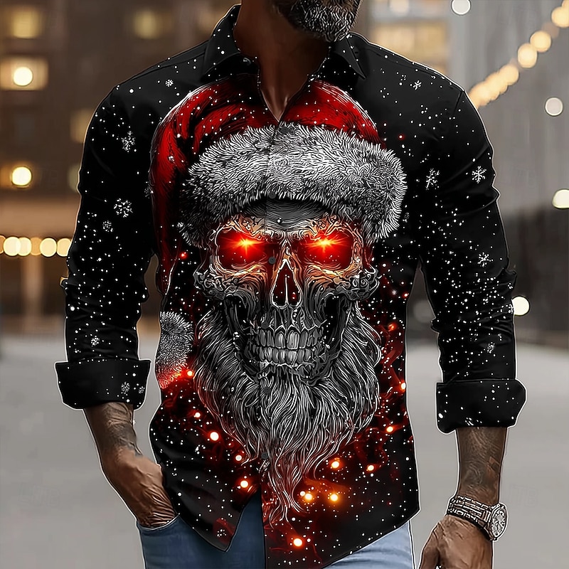Halloween Men's Skull Christmas Hats Shirt Button Up Shirt Long Sleeve Dark Punk Gothic Style Outdoor Holiday Spring Fall Turndown 3D Print Collared Shirts Black