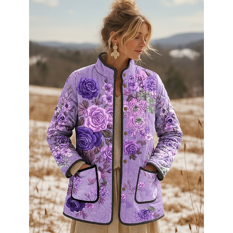 Women's Winter Jacket Quilted Jacket Warm Lightweight Print Active Vintage Cute Artistic Floral Casual Regular Stand Collar Regular Fit Long Sleeve Outerwear Pink Blue Purple Fall Winter2