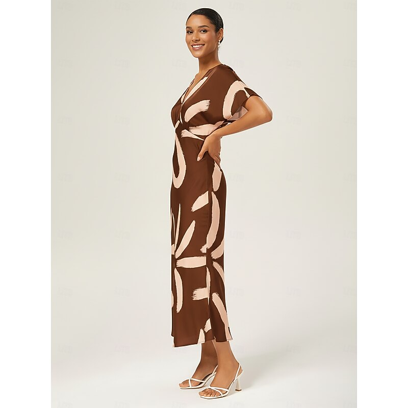 Women's Maxi Dress Coffee Abstract Floral Print Satin V Neck Batwing Sleeve Belted Elegant Vacation Spring Summer Fall3
