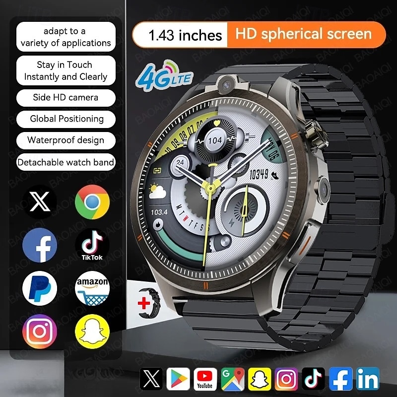 LW9 Smart Watch 1.43 inch Smartwatch Fitness Running Watch Bluetooth 4G Temperature Monitoring Pedometer Call Reminder Compatible with Android iOS Men GPS Long Standby Hands-Free Calls IP68 22mm3