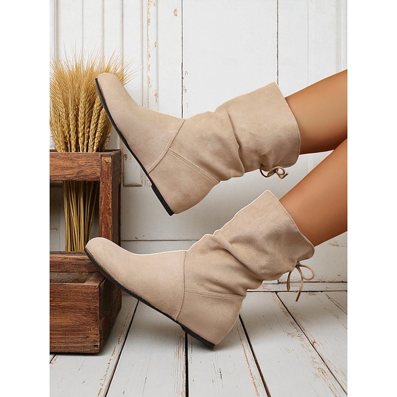 Women's Almond Mid Calf Boots – Faux Suede Slip-On Flat Slouchy Boots for Casual Wear and Everyday Outfits
