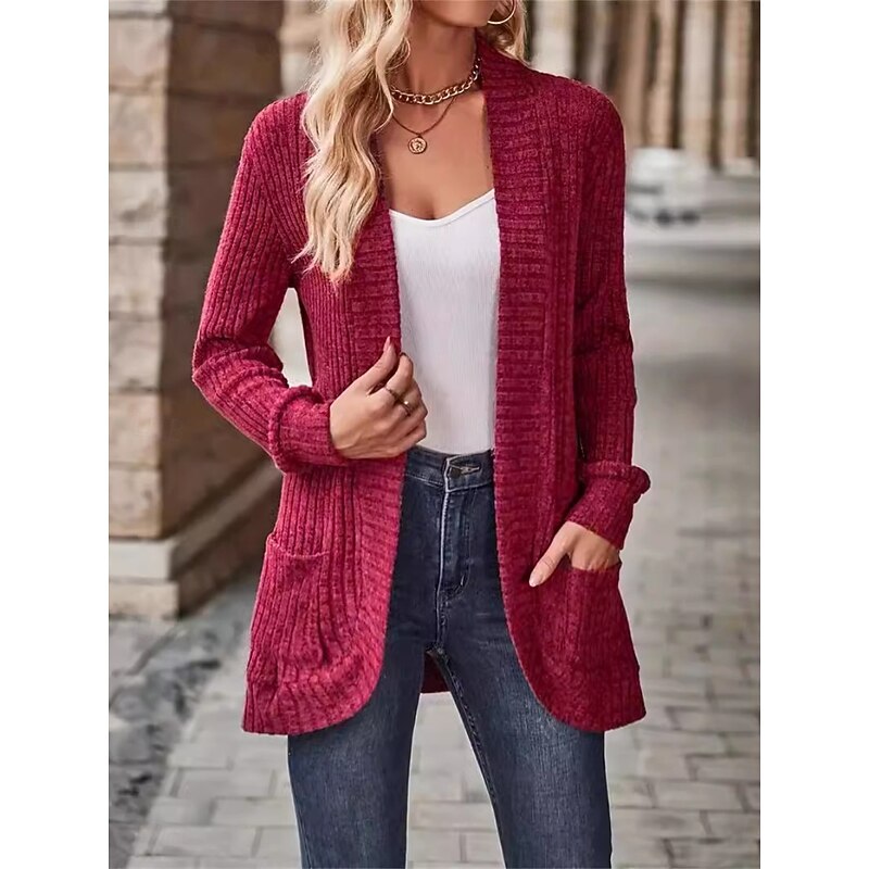 Women's Casual Jacket Comfortable Breathable Pocket Casual Plain Vacation Street Daily Wear Going out Open Front Regular Collarless Regular Fit Long Sleeve Outerwear Wine Sky Blue Purple Spring Fall4